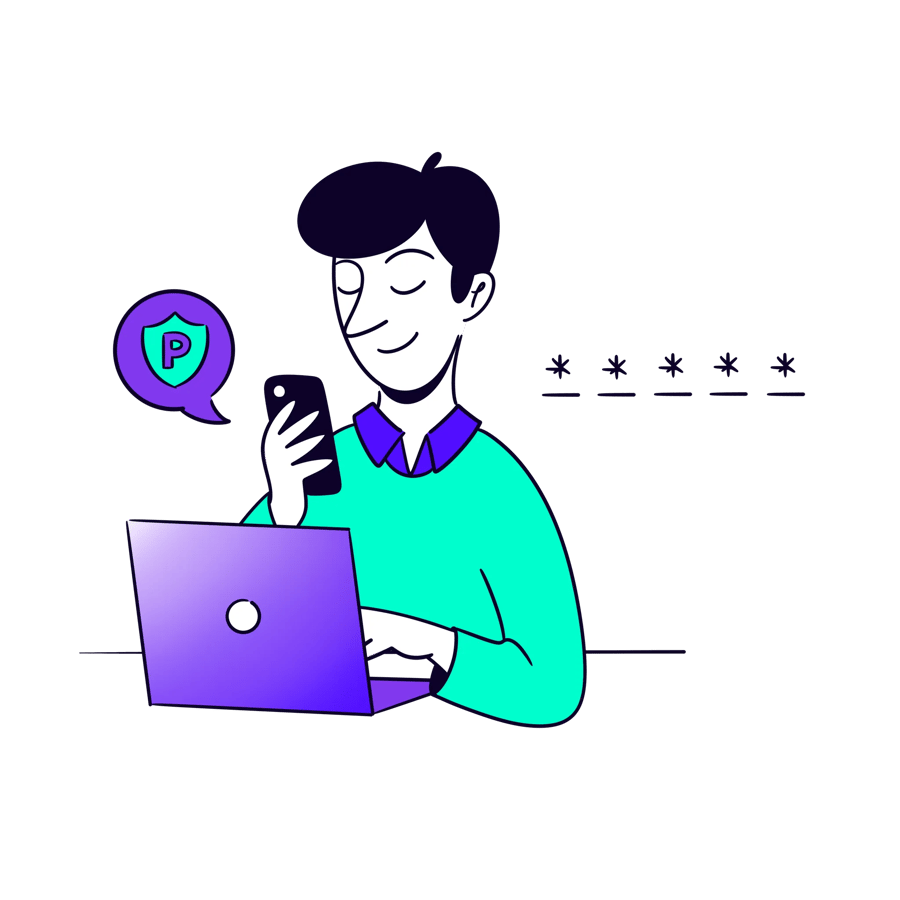 Illustration of main using his smartphone and laptop to enter credentials.
