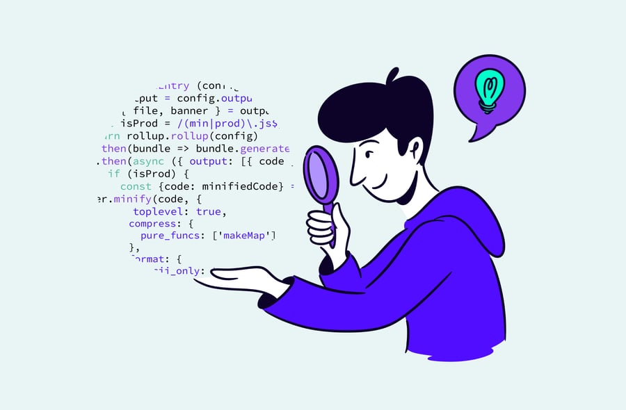 Illustration showing a person holding a magnifying glass looking at code
