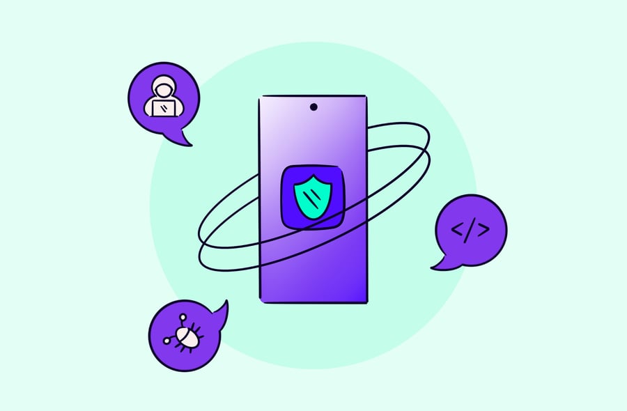 Image of a secure mobile app with different attack vectors attempting to find their way in.